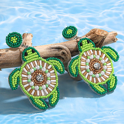Bohemian Glass Seed Beaded & Non-woven Fabrics Dangle Stud Earrings FS-WG810D5-01-1