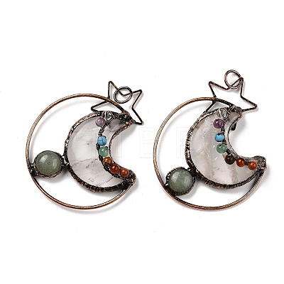 Natural Green Aventurine & Quartz Crystal Brass Star Moon Big Pendants G-H316-01R-02-1