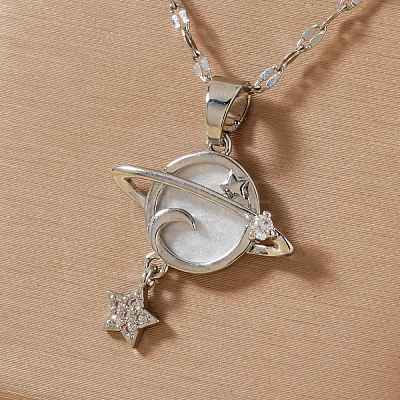 Stylish and Simple Brass Clear Cubic Zirconia Star Moon Planet Pendant Necklaces for Daily Wear OT4703-2-1