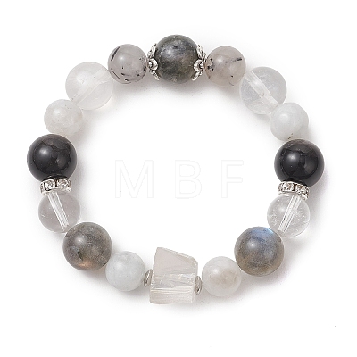 Natural Labradorite & Rainbow Moonstone & Quartz Crystal & Black Rutilated Quartz & Silver Obsidian Beaded Stretch Bracelets for Women BJEW-TA00740-1