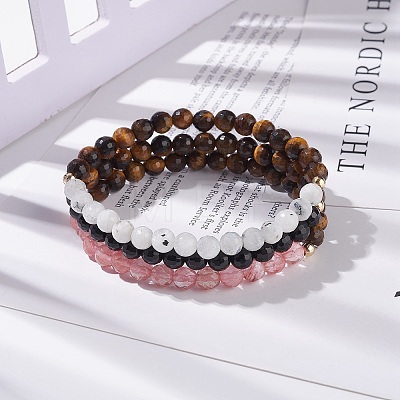 Natural Tiger Eye & Moonstone & Black Stone & Cherry Quartz Glass Round Beads Stretch Bracelets Set BJEW-JB07293-1