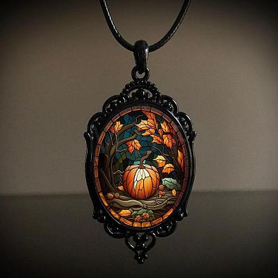 Oval Gothic Alloy Glass Halloween Pendant Necklaces for Women FS-WG73C21-05-1