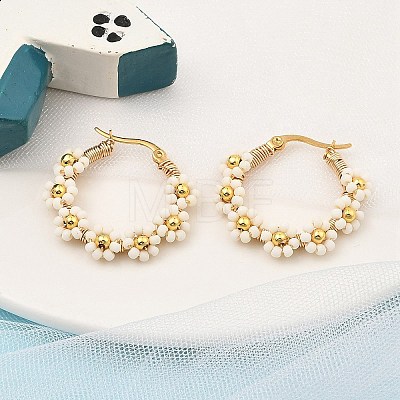 304 Stainless Steel & Bohemian Beaded Flower Hoop Earrings for Women EJEW-R001-02G-02-1