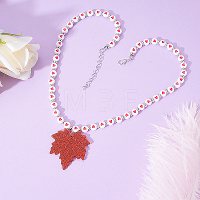 Thanksgiving Day Alloy & Acrylic Maple Leaf Pendant Heart Beaded Necklaces for Women FS-WG0EB84-01-1