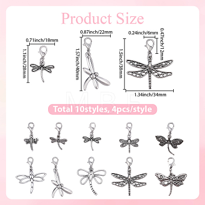 40Pcs 10 Styles Alloy Dragonfly Pendant Decorations HJEW-BM00039-1