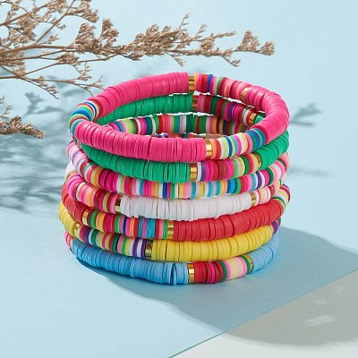 7Pcs Rainbow Polymer Clay Heishi Beads Stretch Bracelets Set BJEW-JB05882-1