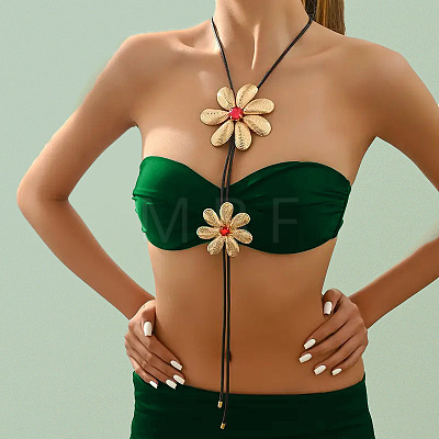 Alloy Glass Flower Black Waxed Cord Lariat Y Necklaces for Women FS-WGE5F3A-02-1
