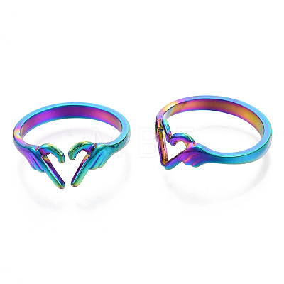 304 Stainless Steel Hand Heart Cuff Rings X-RJEW-N038-121M-1