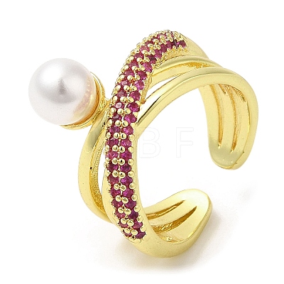 Cubic Zirconia Criss Cross Open Cuff Ring with Plastic Pearl Beaded RJEW-K247-04G-1
