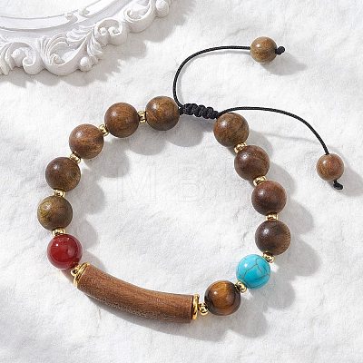Adjustable Natural Sandalwood & Carnelian & Tiger Eye & Synthetic Turquoise Beaded Bracelets for Women Men BJEW-TA00737-1