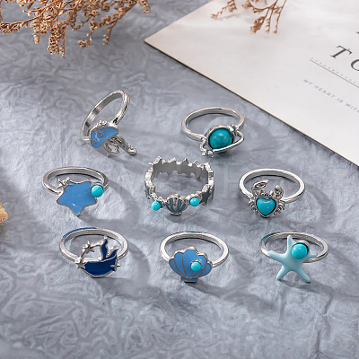 9Pcs Ocean Alloy Enamel Finger Rings Set WGEDDBB-01-1
