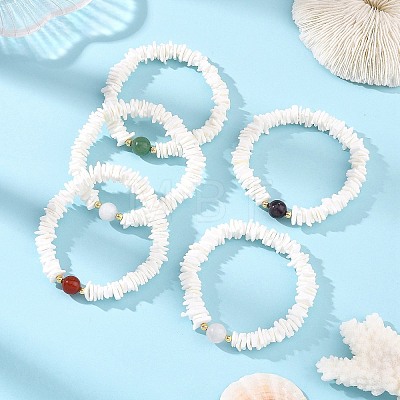 Natural Sea Shell Square Heishi Beads and Round Gemstone Beaded Stretch Bracelets BJEW-JB14476-1