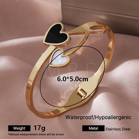 304 Stainless Steel Black Enamel Hinged Cuff Bangles with Natural White Shell for Women LW0071-1-1