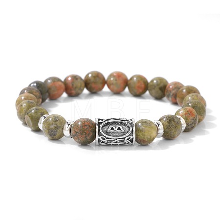 Alloy Nordic Viking Runes 8MM Natural Unakite Round Beaded Stretch Bracelets KW3210-16-1