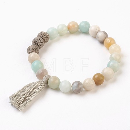 Natural Flower Amazonite and Lava Rock(Dyed) Beads Stretch Charm Bracelets BJEW-JB03728-02-1