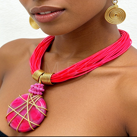 Wire-Wrapped Alloy Resin & Waxed Cord Multi-Strand Necklace & Spiral Earrings Set for Women WG77E48-01-1
