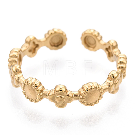 304 Stainless Steel Flower & Flat Round Wrap Open Cuff Ring RJEW-T023-75G-1