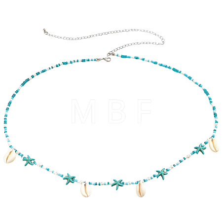 Natural Cowrie Shell & Synthetic Turquoise and Glass Seed Beaded Bohemian Waist Chains for Women AJEW-CP0011-34-1