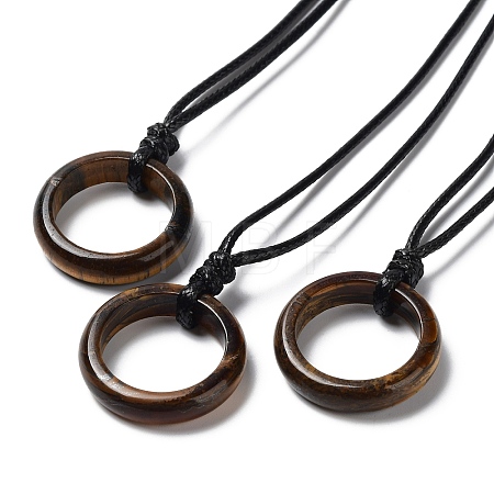 Natural Tiger Eye Ring Pendant Necklace with Waxed Cords NJEW-R262-01A-07-1