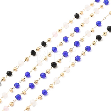 Faceted Rondelle Glass & Round 304 Stainless Steel Beaded Chains CHS-G026-01KCG-02-1
