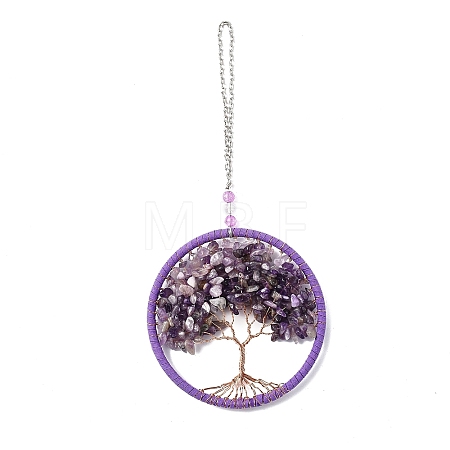 Wire Wrapped Chips Natural Amethyst Big Pendant Decorations HJEW-A005-03-1