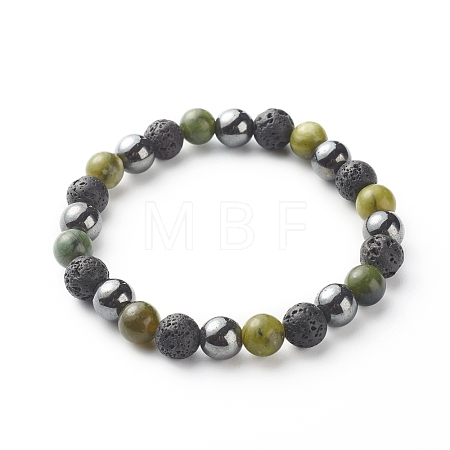 Natural Jade & Lava Rock & Synthetic Hematite Round Beaded Stretch Bracelet BJEW-JB06657-02-1