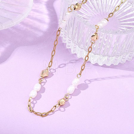 Natural Pearl Beads and 304 Stainless Steel Paperclip Chain Necklaces NJEW-JN06321-1