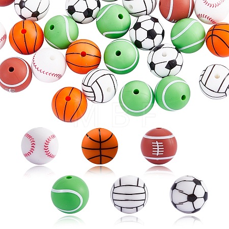 12Pcs 6 Style Basketball/Soccer/Tennis/Baseball/Rugby/Volleyball Silicone Beads JX308A-01-1