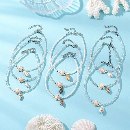 9Pcs 9 Styles Summer Beach Natural Shell Charms Glass Beaded Anklets AJEW-AN00777-1