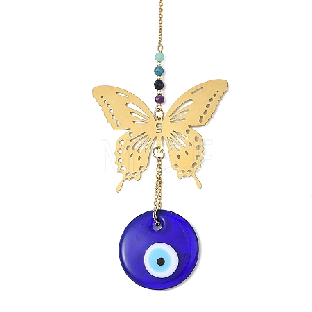 Evil Eye Handmade Lampwork & Butterfly 304 Stainless Steel Pendant Decorations HJEW-JM05000-1