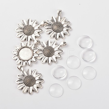 Sun Flower Alloy Pendant Cabochon Settings and Half Round/Dome Clear Glass Cabochons DIY-X0222-AS-1