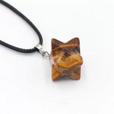 Natural Tiger Eye Geometric Hexagram Star Pendant Necklaces with Black Cords VZ1120-3-1