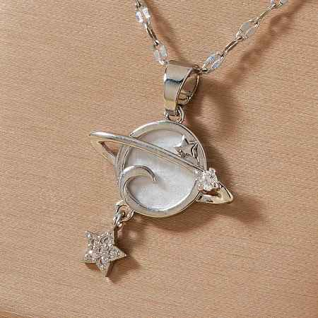 Stylish and Simple Brass Clear Cubic Zirconia Star Moon Planet Pendant Necklaces for Daily Wear OT4703-2-1