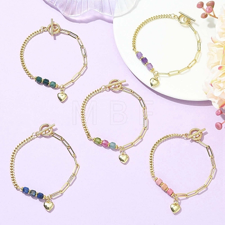 Brass Heart Charm Bracelets BJEW-JB13611-1
