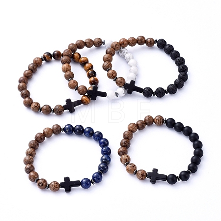Natural Wood Beads Stretch Bracelets BJEW-JB05231-1