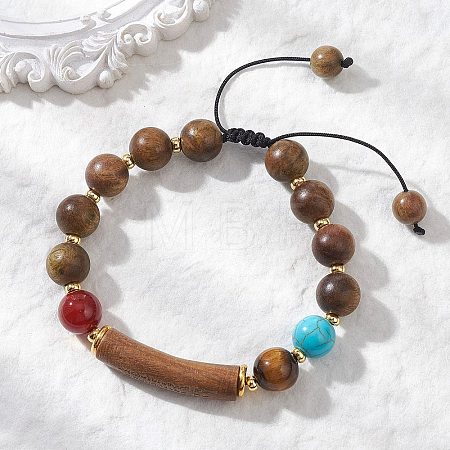 Adjustable Natural Sandalwood & Carnelian & Tiger Eye & Synthetic Turquoise Beaded Bracelets for Women Men BJEW-TA00737-1