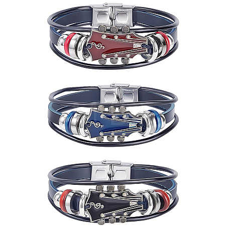 3Pcs 3 Colors Alloy & Leather Cord Bracelets for Men Women BJEW-CL0001-25-1