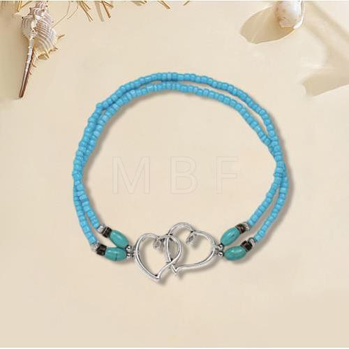 Glass Seed Beads & Alloy Heart Link Anklets WGBE152-14-1