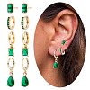 4 Pairs 4 Style Green Cubic Zirconia Teardrop Dangle Leverback Earrings & Rectangle Stud Earring & Hoop Earrings EJEW-AN0001-91-3