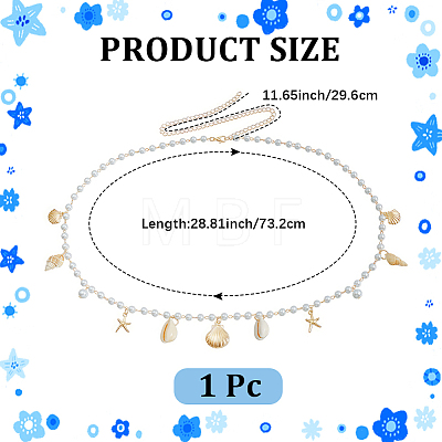 Natural Shell and Iron Starfish Tassel Imitation Pearl Link Chain Waist Chains for Women AJEW-CP0011-35B-1