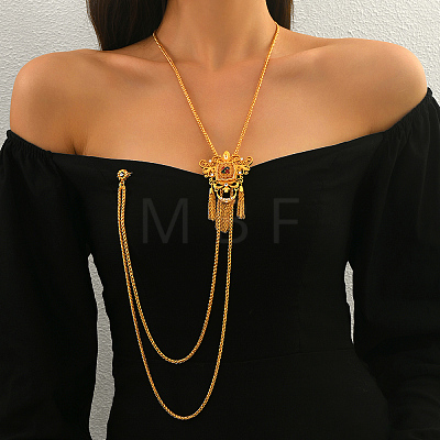 Vintage Gothic Style Brass Pave Cubic Zirconia Flower Long Tassel Lariat Necklace Brooch for Women GO0016-2-1