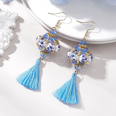 Lantern Glass Seed with Handmade Polyester Cotton Tassel Dangle Earrings EJEW-MZ00671-1
