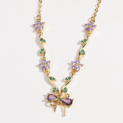 Brass Pave Cubic Zirconia Flower Bowknot Pendant Necklaces for Women WGA7CA3-03-1