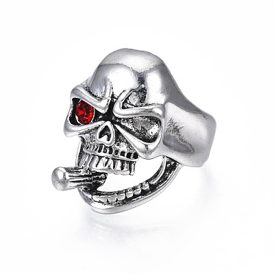 Gothic Punk Skull with Cigarette Alloy Open Cuff Ring with Rhinestone for Men Women RJEW-T009-51AS-1