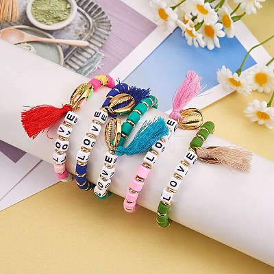 5Pcs 5 Colors Word Love Beads Stretch Bracelets Set for Girl Women BJEW-SZ0001-97-1