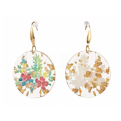 Transparent Epoxy Resin Flat Round with 3D Printed Flower Pattern Dangle Earrings EJEW-JE04580-1