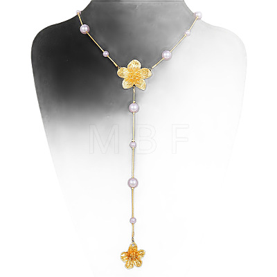 Alloy with Plastic Pearl Flower Long Tassel Y Shaped Pendant Necklaces for Women WG37FD2-01-1