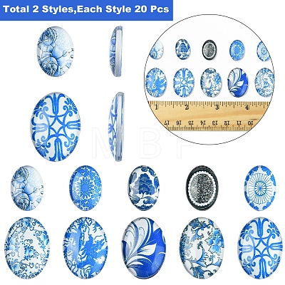 40Pcs 2 Styles Floral Theme Ornaments Glass Oval Flatback Cabochons GGLA-FS0001-10-1