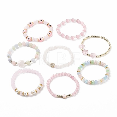 8Pcs 8 Style Mixed Gemstone & Shell Pearl & Cat Eye Stretch Bracelets Set BJEW-JB08782-1