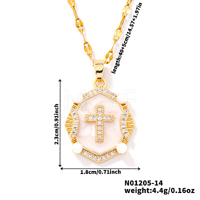 Shiny Retro Brass Micro Pave Clear Cubic Zirconia Oval with Cross Pendant Necklaces with Enamel YR4811-2-1